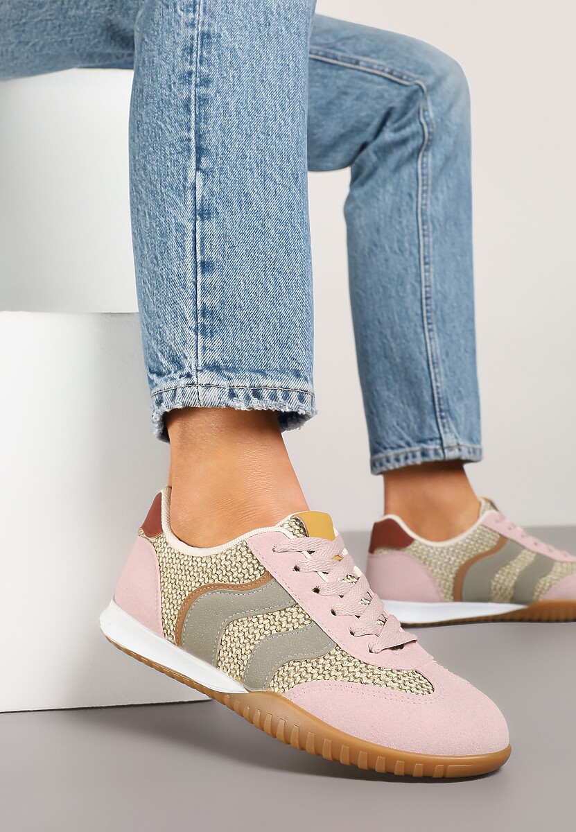 Różowo-Zielone Sneakersy z Geometrycznym Motywem i Plecionką Laniffia