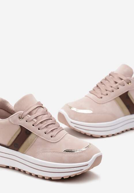 Ciemnobeżowe Sneakersy z Dekoracyjnymi Wstawkami na Platformie w Paski Letorra