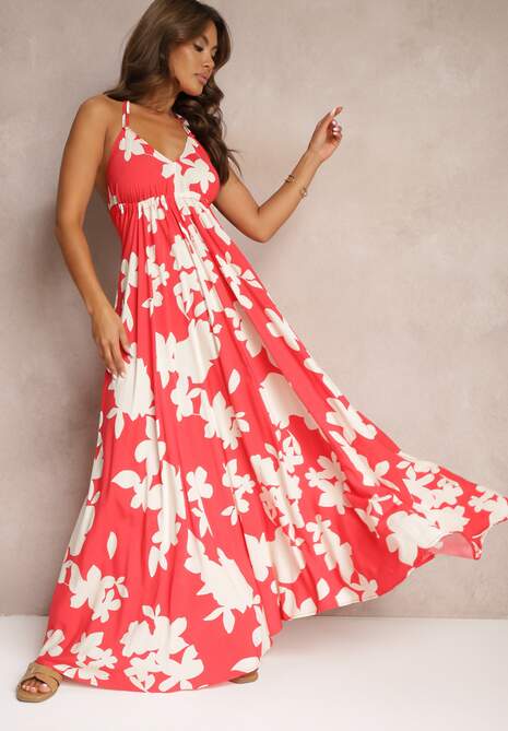 Czerwona Wiskozowa Sukienka na Ramiączkach o Rozkloszowanym Kroju Nansirona