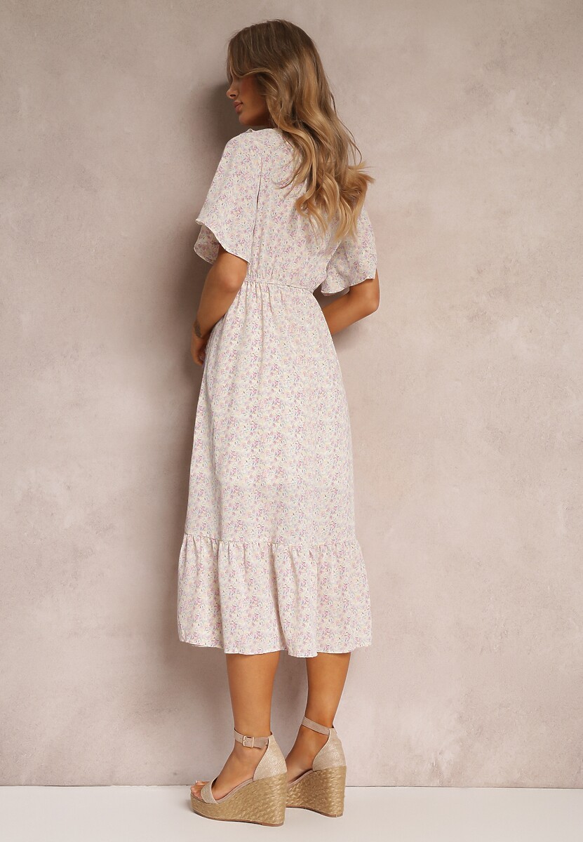 Różowo-Fioletowa Sukienka Midi z Falbankami Kopertowym Dekoltem i Gumką w Pasie Denila