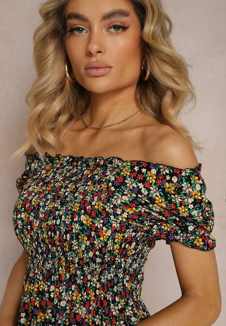 Czarno-Zielona Hiszpanka Sukienka z Wiskozy w Kwiatowy Wzór z Gumką w Pasie Silemia