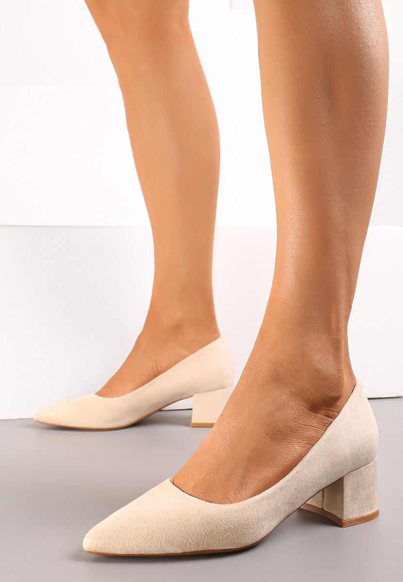 Beżowe Czółenka z Imitacji Zamszu na Niskim Słupku Rahal