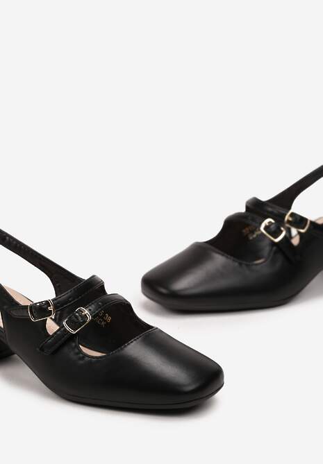 Czarne Czółenka Zapinane na Sprzączki na Kwadratowym Słupku Mirena