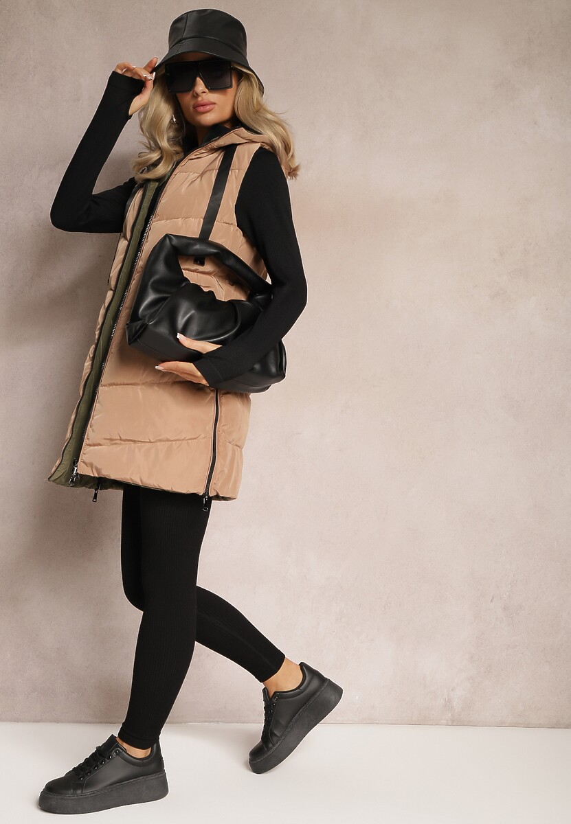 Czerwona Długa Kamizelka Pikowana Dwustronna ze Sznurkami przy Kapturze Frenila