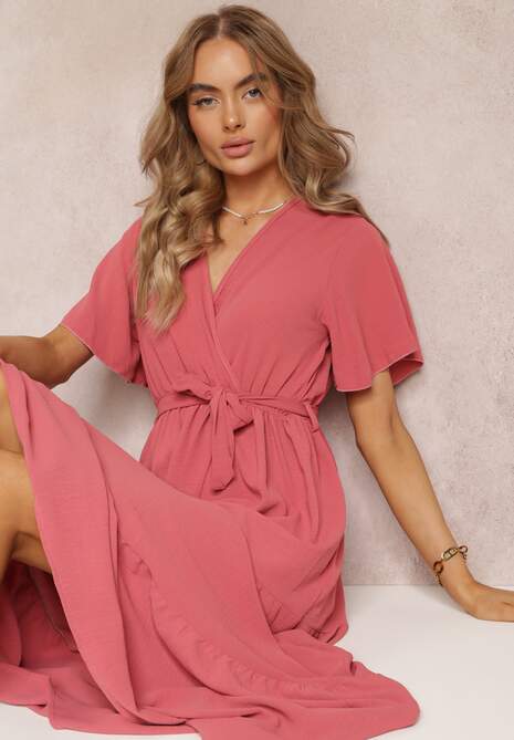 Ciemnoróżowa Sukienka Maxi z Gumką w Talii i Głębokim Dekoltem Chemiste