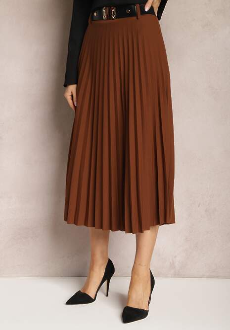 Brązowa Spódnica Plisowana z Paskiem Nanie