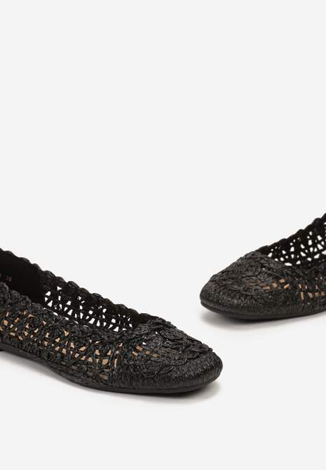 Czarne Balerinki na Płaskiej Podeszwie z Ażurowym Wzorem z Plecionki Erolani