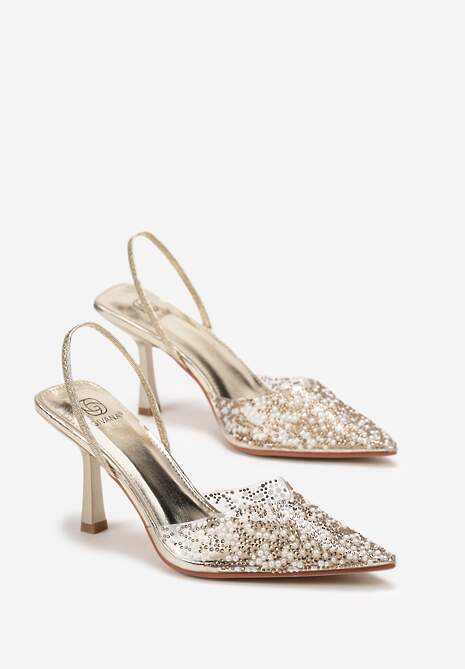 Złote Sandały z Transparentnym Noskiem na Szpilce Ozdobione Perłami i Cyrkoniami Halene