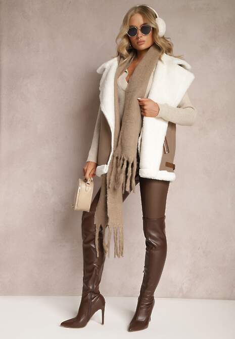 Beżowa Kamizelka Bezrękawnik z Asymetrycznym Zapięciem i Futerkiem Sadarra