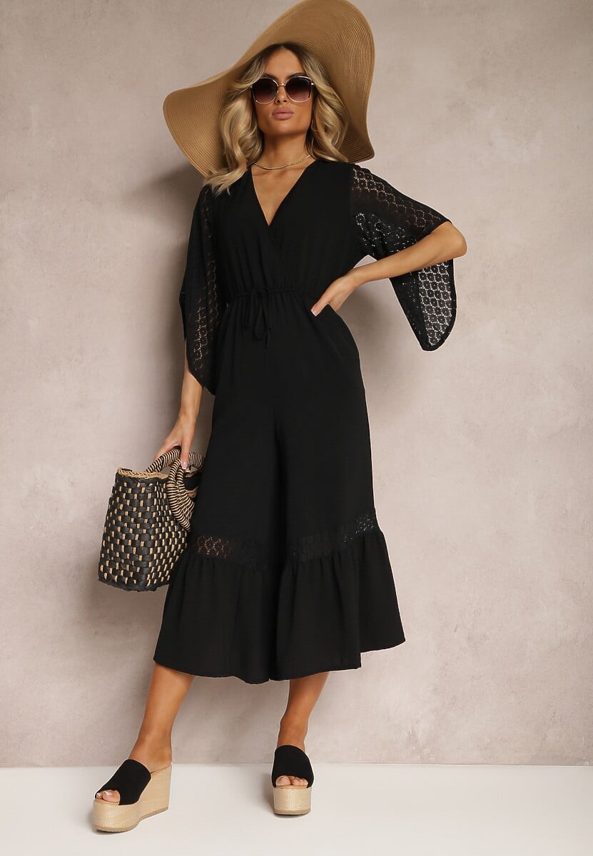 Czarny Kombinezon z Szerokimi Nogawkami Typu Dzwony z Koronką Fielara