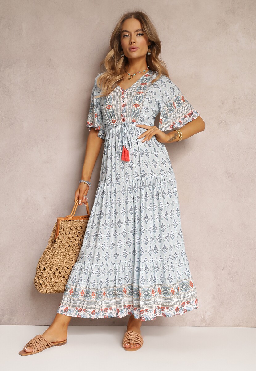 Miętowa Sukienka Maxi z Krótkim Rękawem i Gumką w Talii Emaya