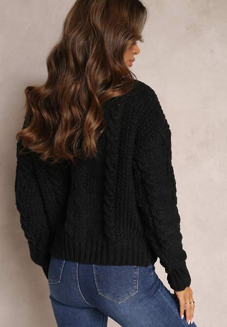 Czarny Grubo Pleciony Sweter z Wełną i Bawełną Bavime