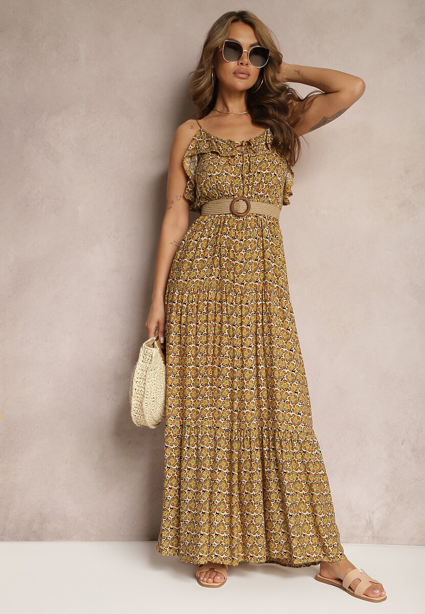 Niebieska Rozkloszowana Sukienka z Wiskozy na Regulowanych Ramiączkach Wrinesa