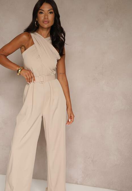 Beżowy Kombinezon z Paskiem z Klamrą i Marszczeniem Dolavelle