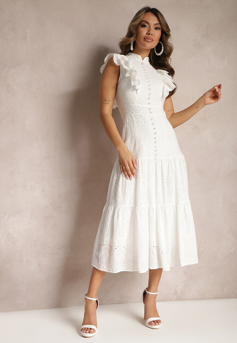 Biała Ażurowa Sukienka ze Stójką Ozdobiona Perłami i Falbankami Primessa