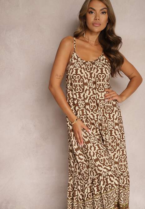 Brązowa Rozkloszowana Sukienka z Bawełny na Cienkich Ramiączkach Nellmaira