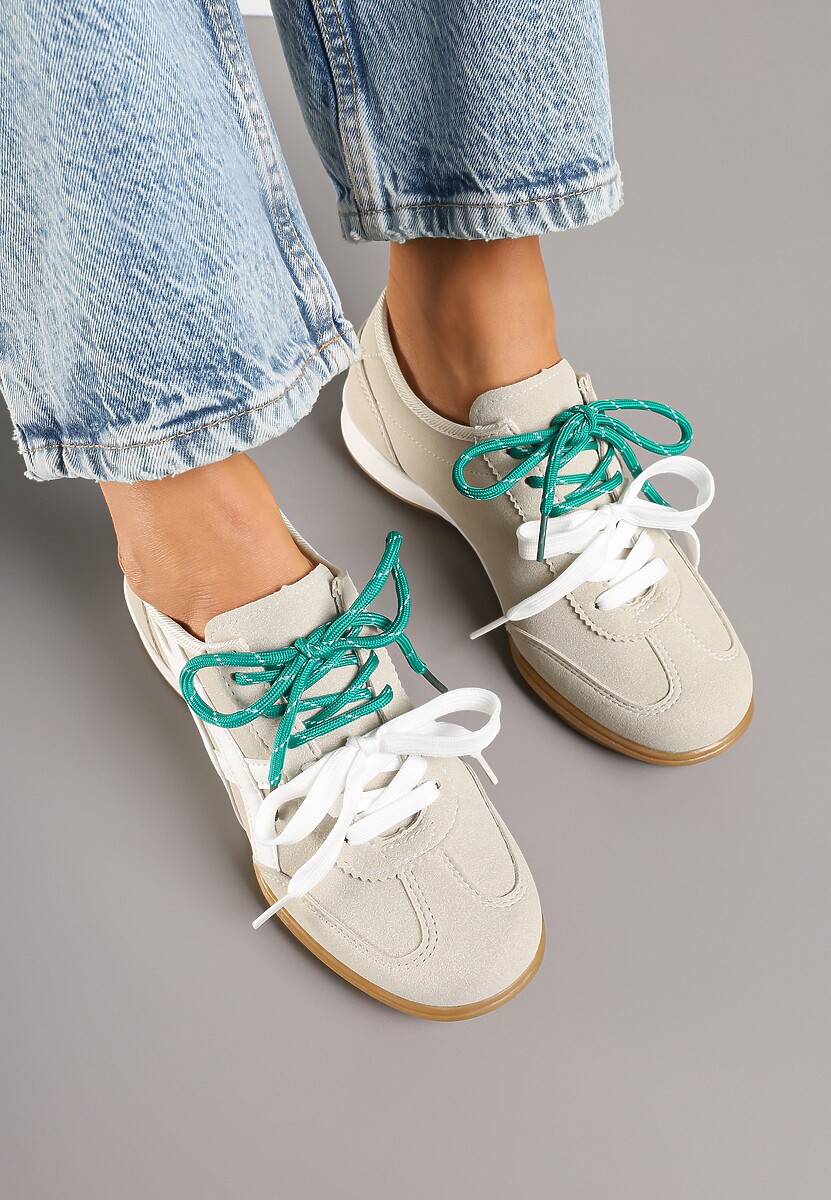 Beżowe Sneakersy Ozdobione Geometrycznym Wzorem i Podwójnym Sznurowaniem Hirozi