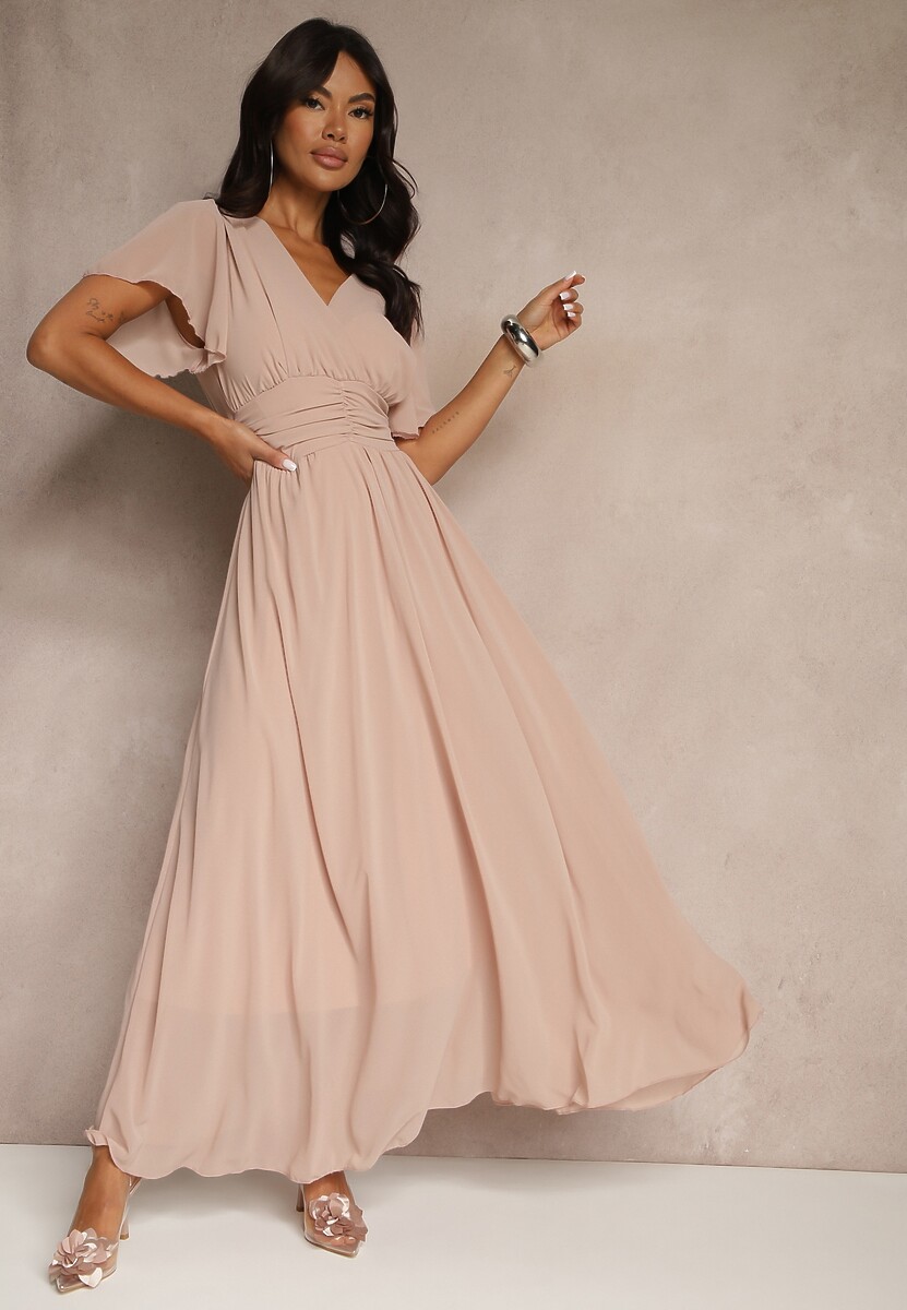 Ciemnoróżowa Rozkloszowana Sukienka z Kopertowym Dekoltem Obillis