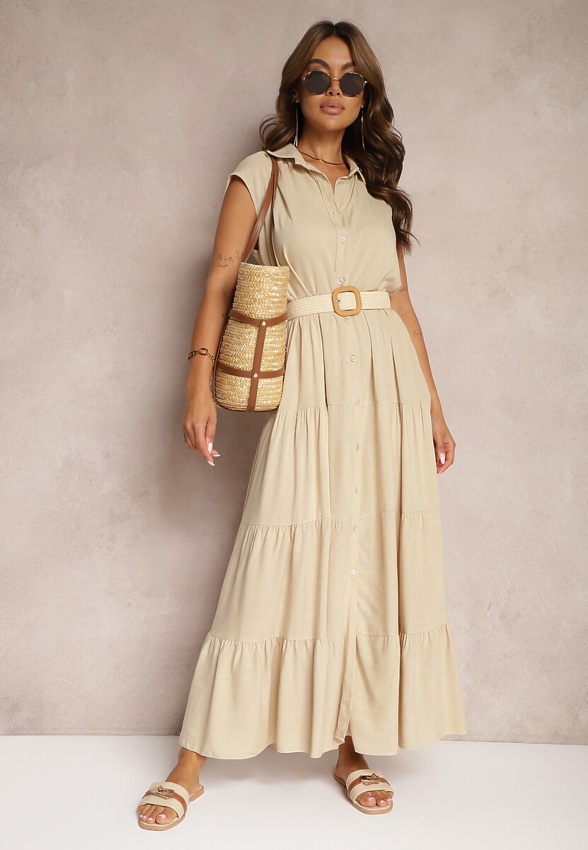 Beżowa Taliowana Sukienka z Wiskozy o Rozkloszowanym Koszulowym Kroju Nemvia