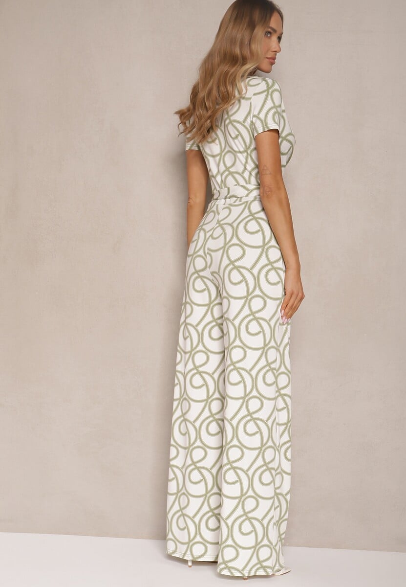 Zielony Kopertowy Kombinezon z Wiskozą Zdobiony Abstrakcyjnym Printem Evivola