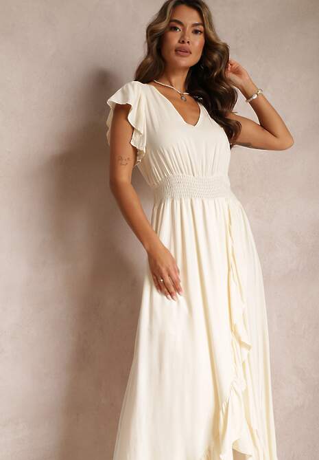 Beżowa Kopertowa Sukienka z Wiskozy Ozdobiona Falbanką Carnovie