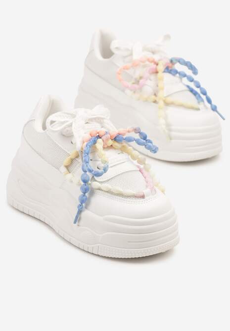 Białe Sneakersy na Platformie z Koralikami Amovanna