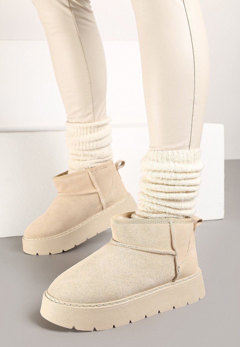 Beżowe Niskie Śniegowce ze Skóry Naturalnej Mocno Ocieplane Rialithe