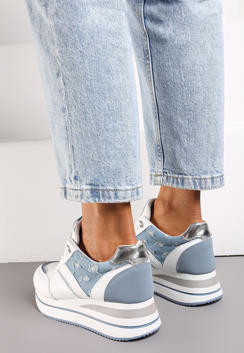 Biało-Niebieskie Sznurowane Sneakersy z Ekoskóry z Błyszczącymi Wstawkami Fiviara