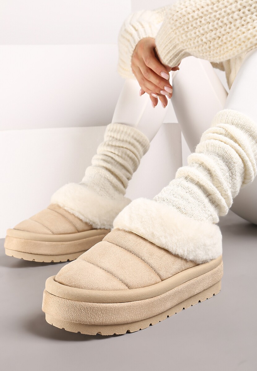 Beżowe Wsuwane Śniegowce na Platformie Ozdobione Futerkiem Sinthiana