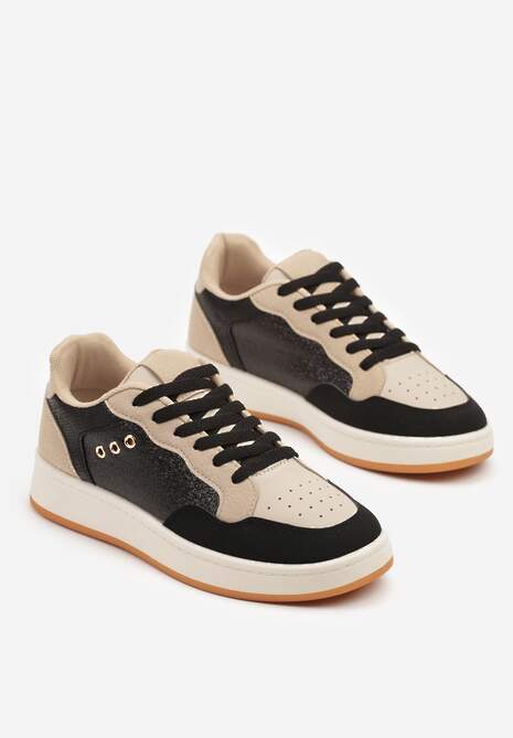 Czarno-Beżowe Streetwearowe Sneakersy Zdobione Przeszyciami Neonisea