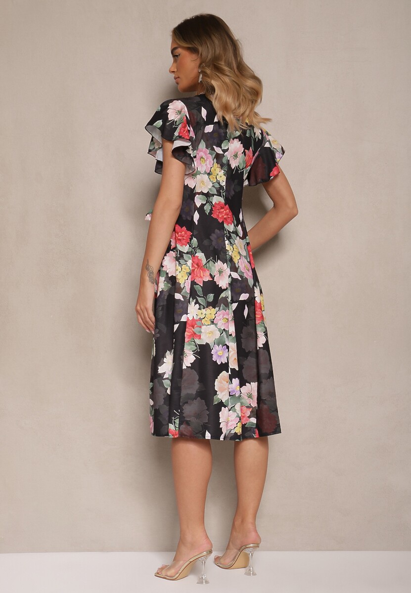 Czarna Kopertowa Sukienka w Kwiaty Atesalia