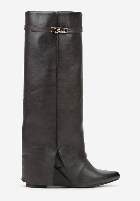 Brązowe Kozaki na Koturnie z Cholewką Imitującą Nogawkę z Aplikacją Testarria