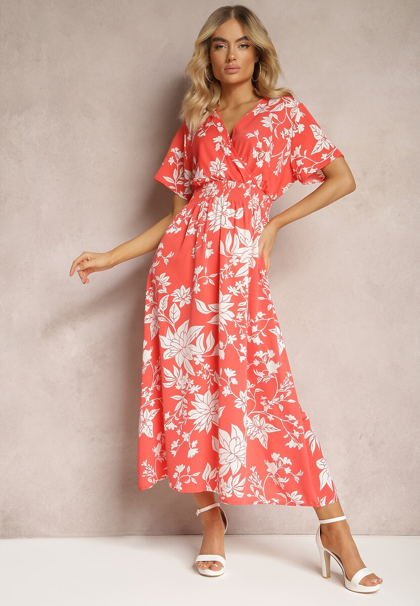 Pomarańczowo-Biała Rozkloszowana Sukienka Kopertowa z Kwiatowym Wzorem Mareal