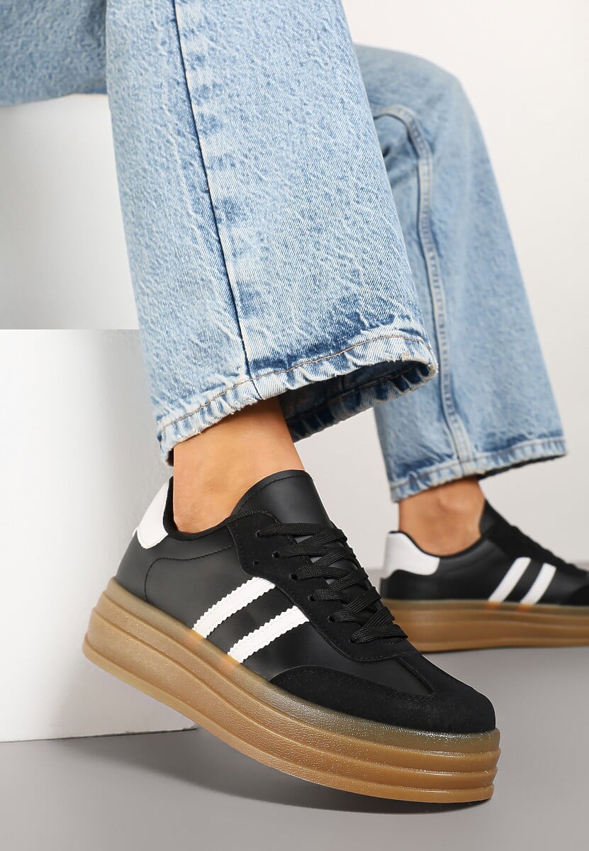 Czarne Sneakersy w Stylu Tenisówki z Paskami Hirnelia