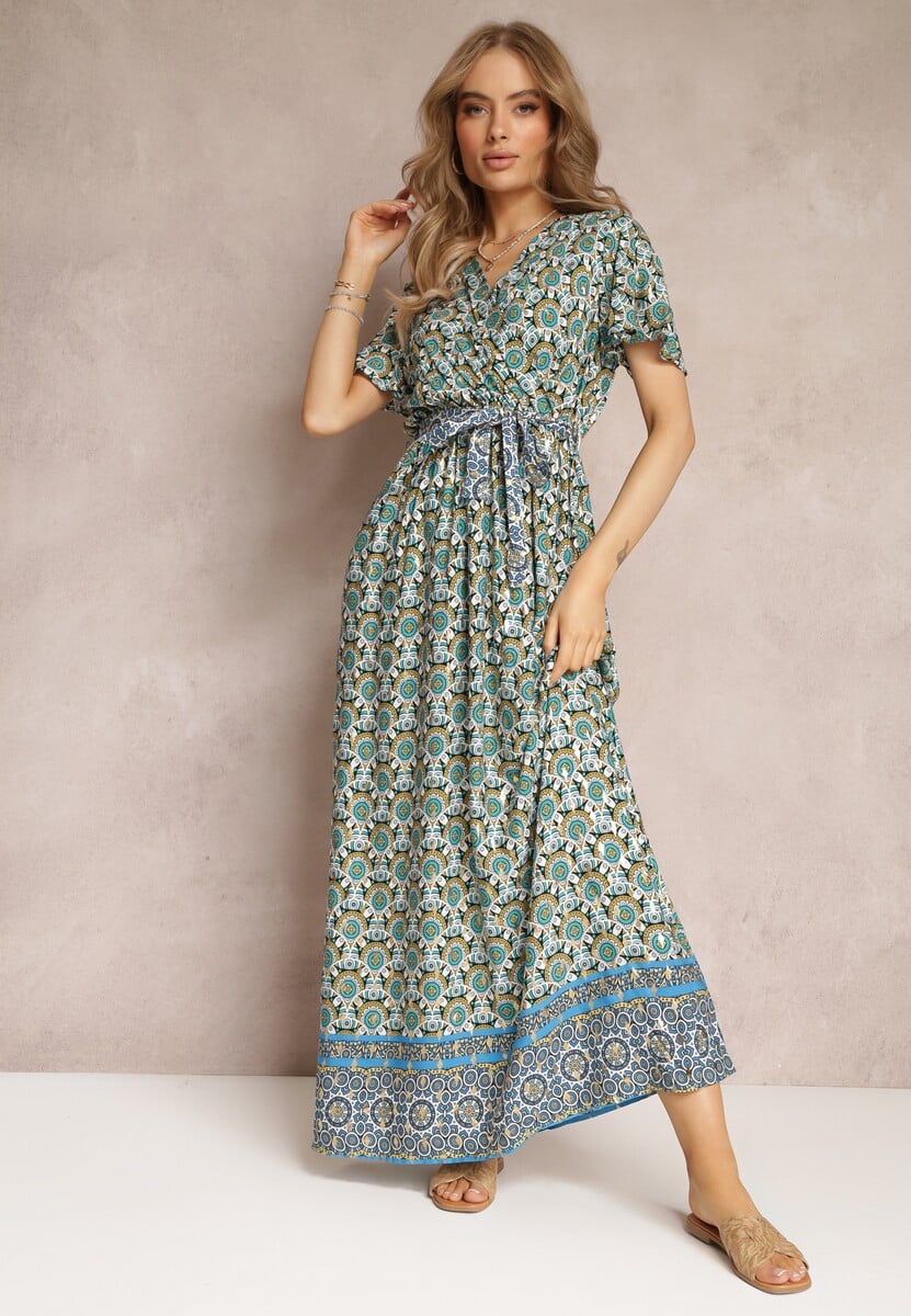 Zielona Sukienka Maxi z Paskiem i Gumką w Talii w Ornamentalny Wzór Calvim