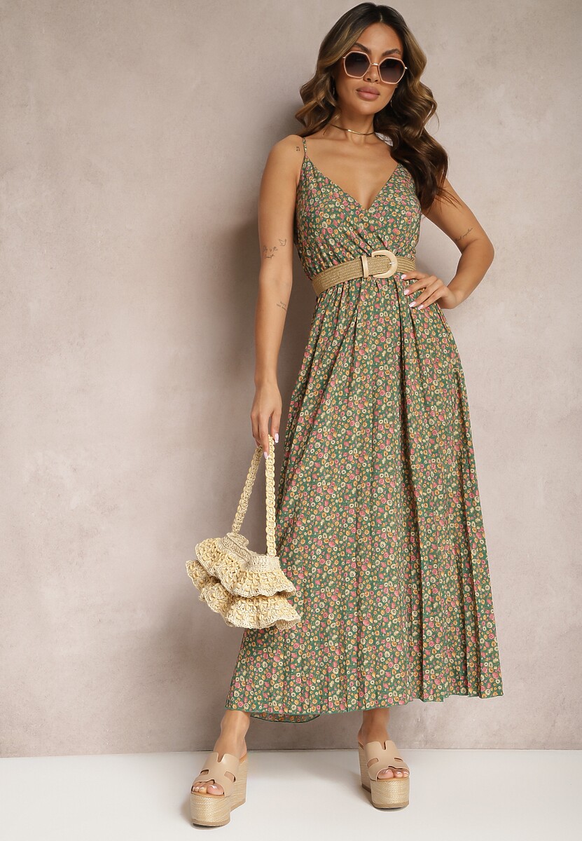 Ciemnozielona Sukienka na Ramiączkach z Kopertowym Dekoltem z Plisowaniem i Letnim Wzorem Rysenna