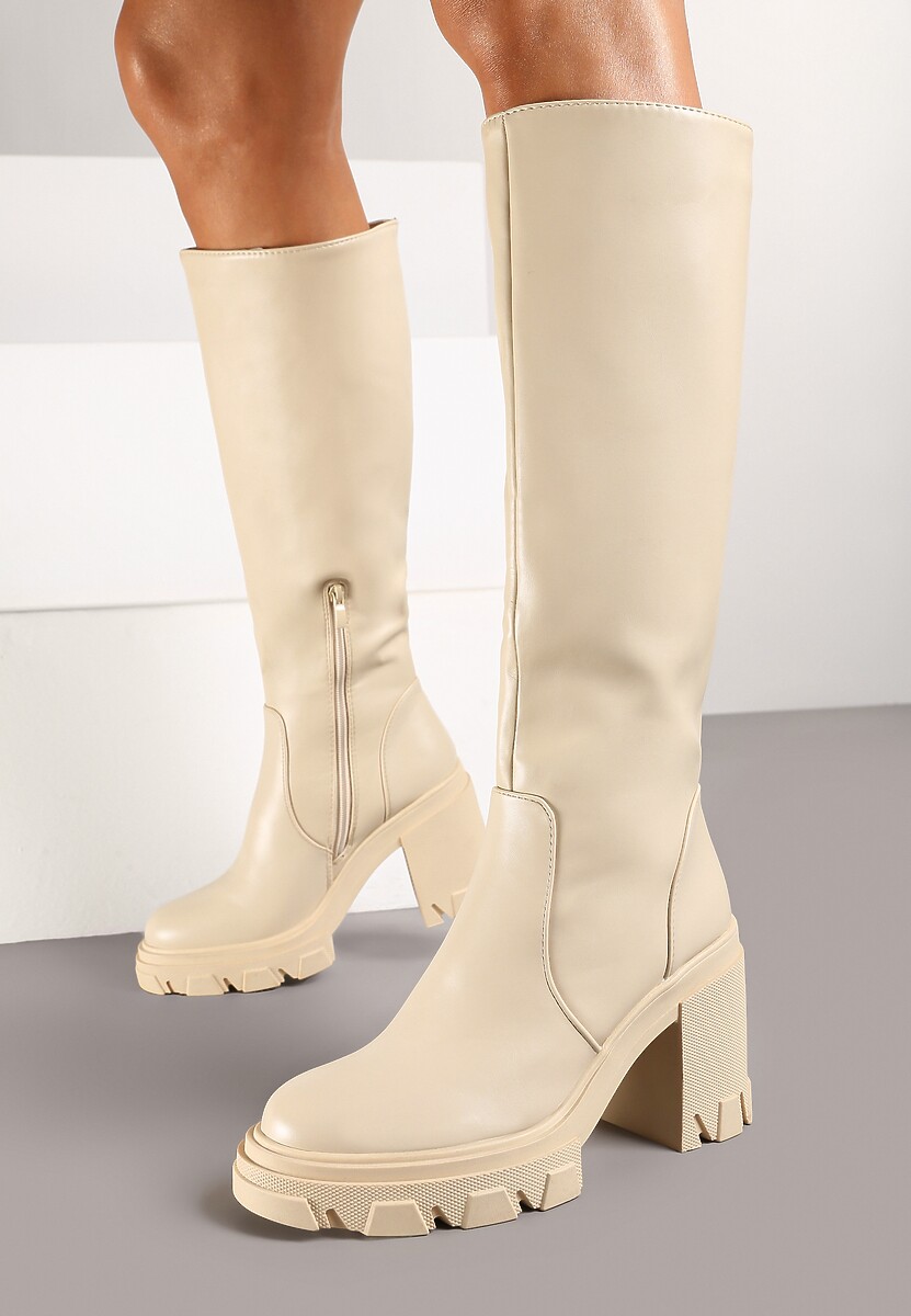 Beżowe Casualowe Kozaki na Słupku z Dopasowaną Cholewką Avanielle