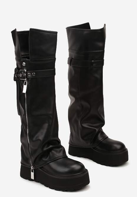 Czarne Kozaki w Stylu Grunge na Grubej Podeszwie z Wywijaną Cholewką Olentie