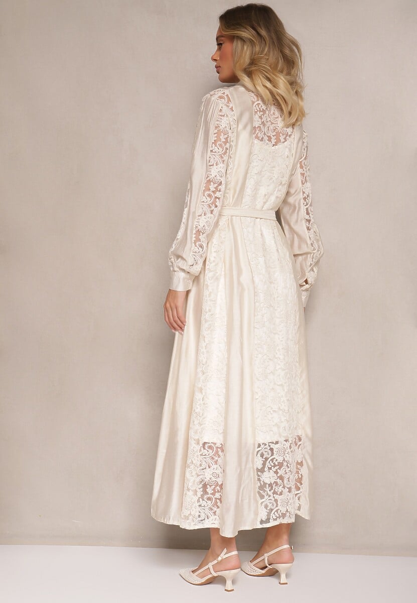 Beżowa Haftowana Wiskozowa Sukienka Rozkloszowana z Bawełną i Paskiem Zenvivi