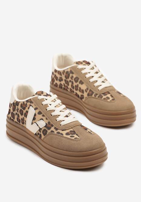 Beżowe Panterkowe Sneakersy na Kauczukowej Podeszwie Ellirielle