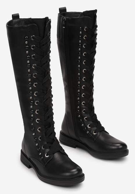 Czarne Kozaki Muszkieterki ze Sznurowaniem Noko