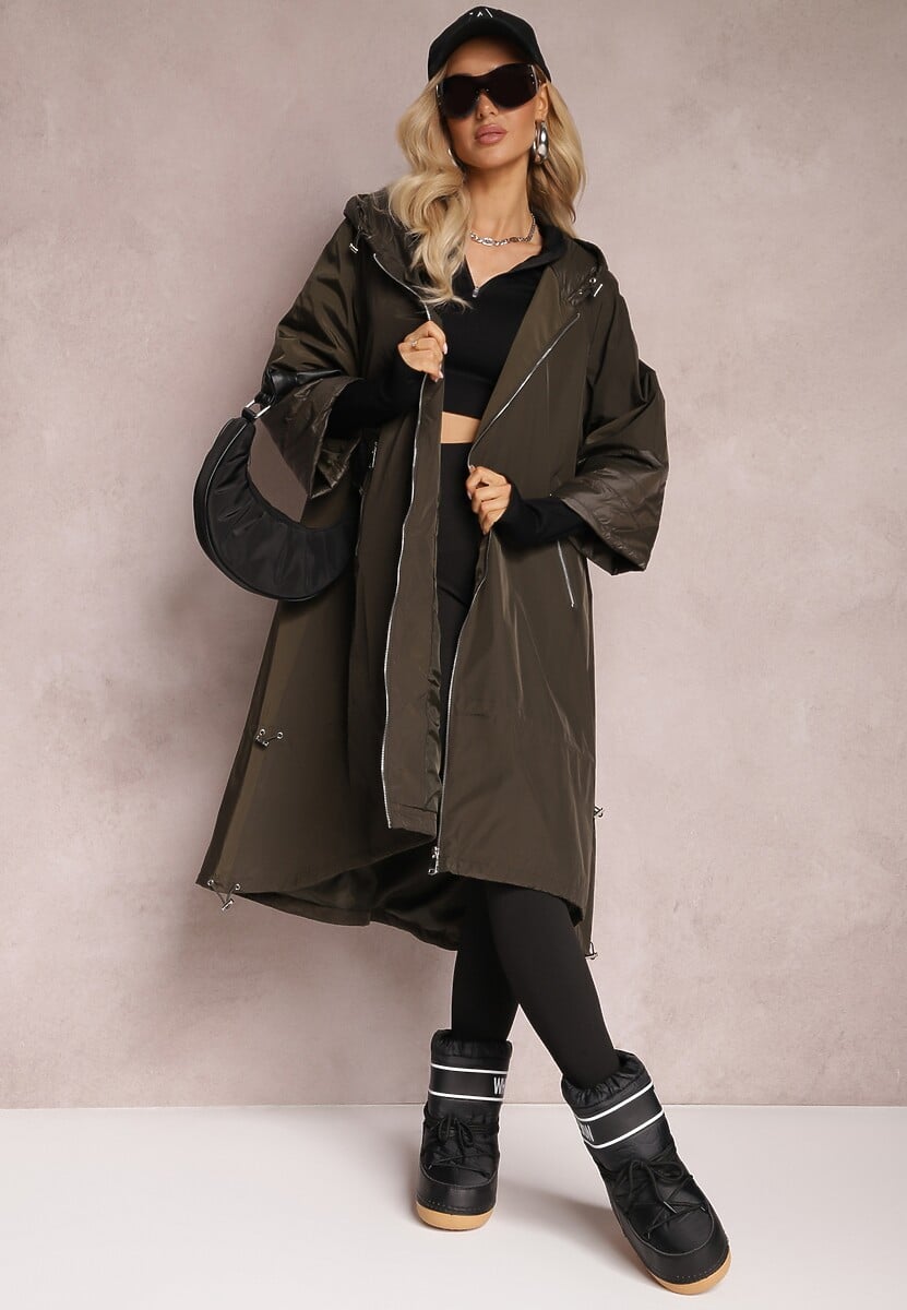 Ciemnozielony Płaszcz z Kapturem i Dłuższym Tyłem Kemiah