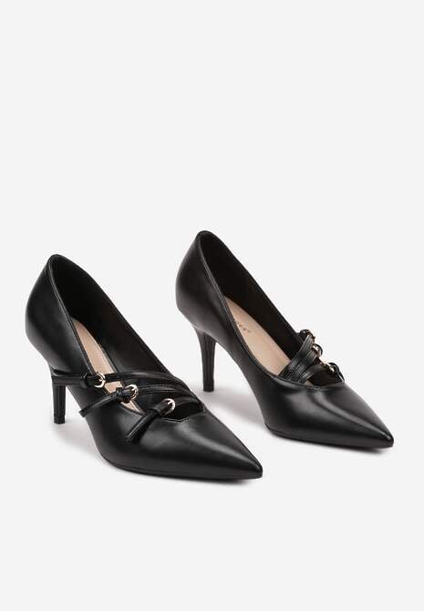 Czarne Czółenka na Szpilce Ozdobione Paskami Relabina