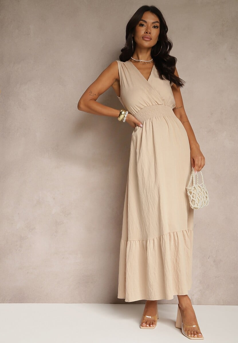 Beżowa Wiskozowa Sukienka o Kopertowym Kroju Bez Rękawów Silessa