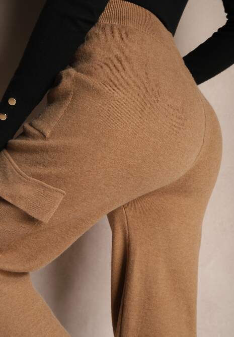 Ciemnobeżowe Szerokie Spodnie Dzianinowe z Gumką w Pasie i Kieszeniami Emithlera