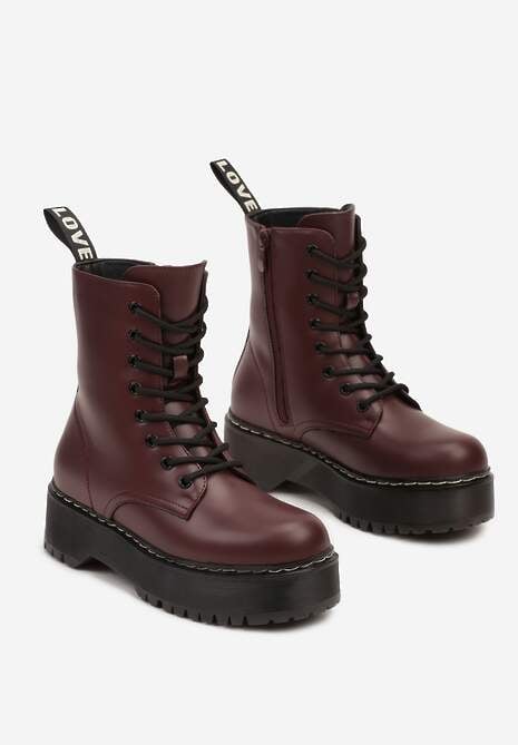 Bordowe Sznurowane Botki na Platformie w Stylu Workerów Vericca