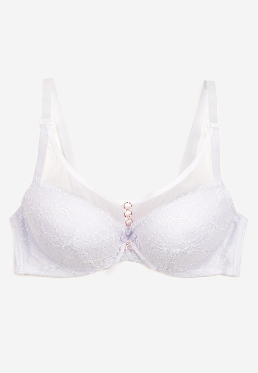 Biały Biustonosz Push-Up Wykończony Koronką i Cyrkoniami Rivathara