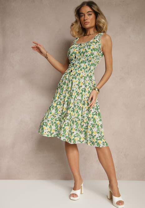 Zielona Rozkloszowana Sukienka z Bawełny Zdobiona Guzikami i Kwiatowym Wzorem Zifine