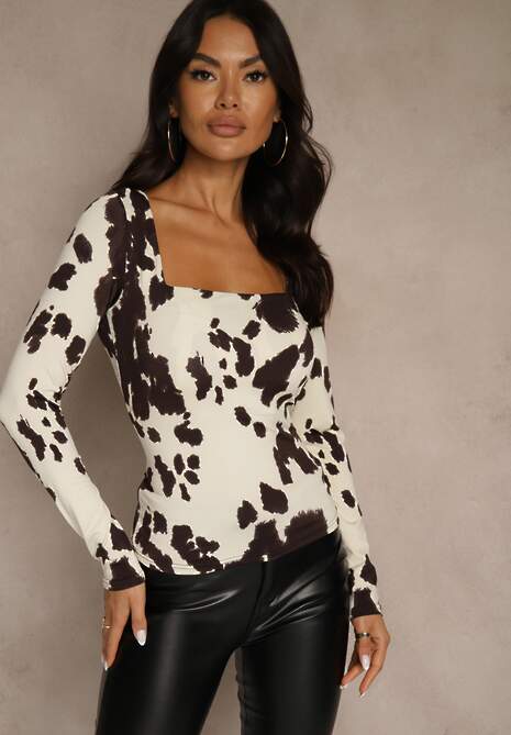 Brązowa Bluzka z Wiskozą i Kwadratowym Dekoltem w Łaty Retelirna