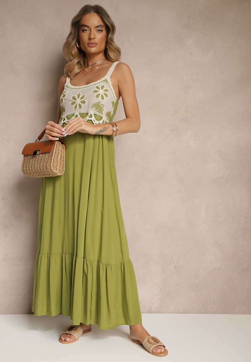 Zielona Sukienka z Wiskozy Ozdobiona Haftem Rinastra